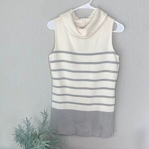 St. John Designer Sleeveless Cowl Neck Striped Knit Sweater in Cream & Gray